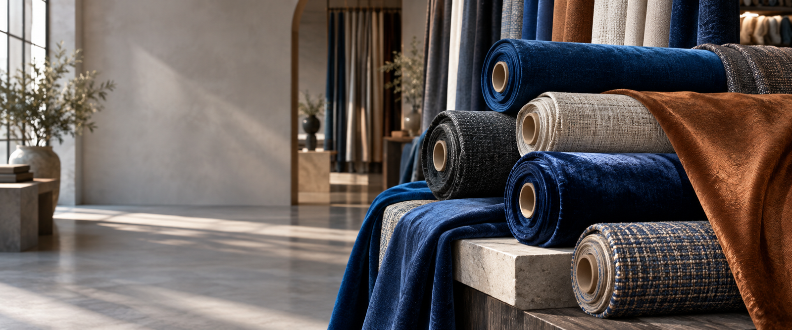 Textile rolls in navy, ivory and copper tones
